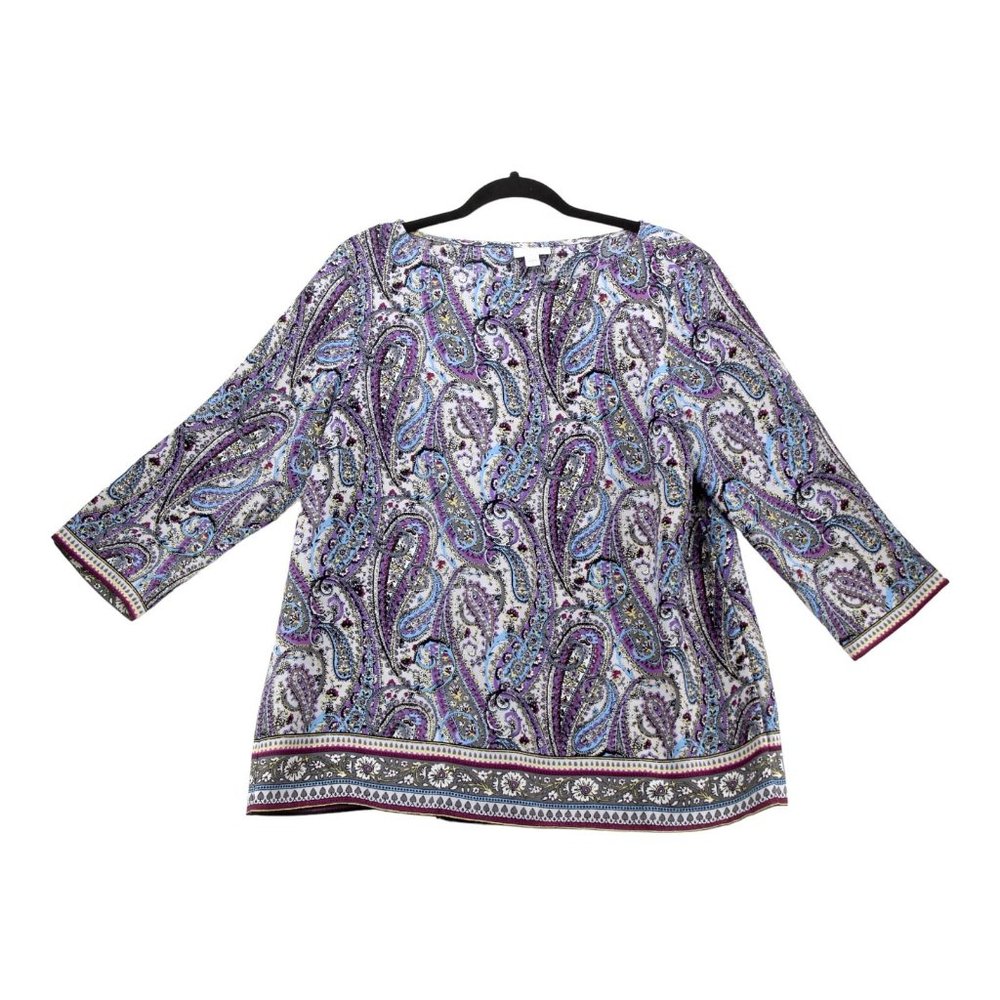 J Jill Top Womens Medium Purple Paisley Tunic Boho Split Back Flowy Crepe Ladies